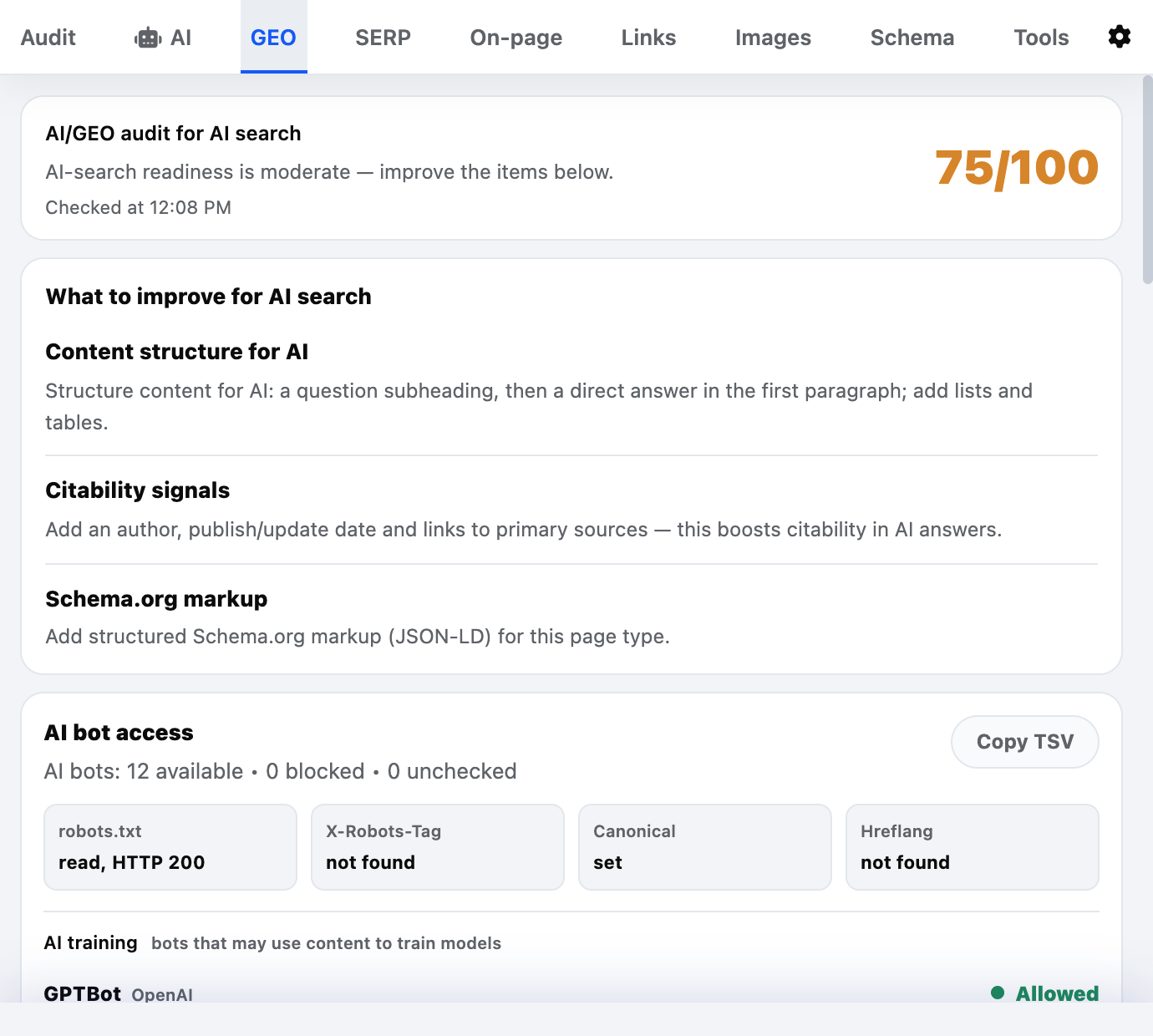 GEO tab: AI-search readiness score, what to improve and AI-bot access to the page