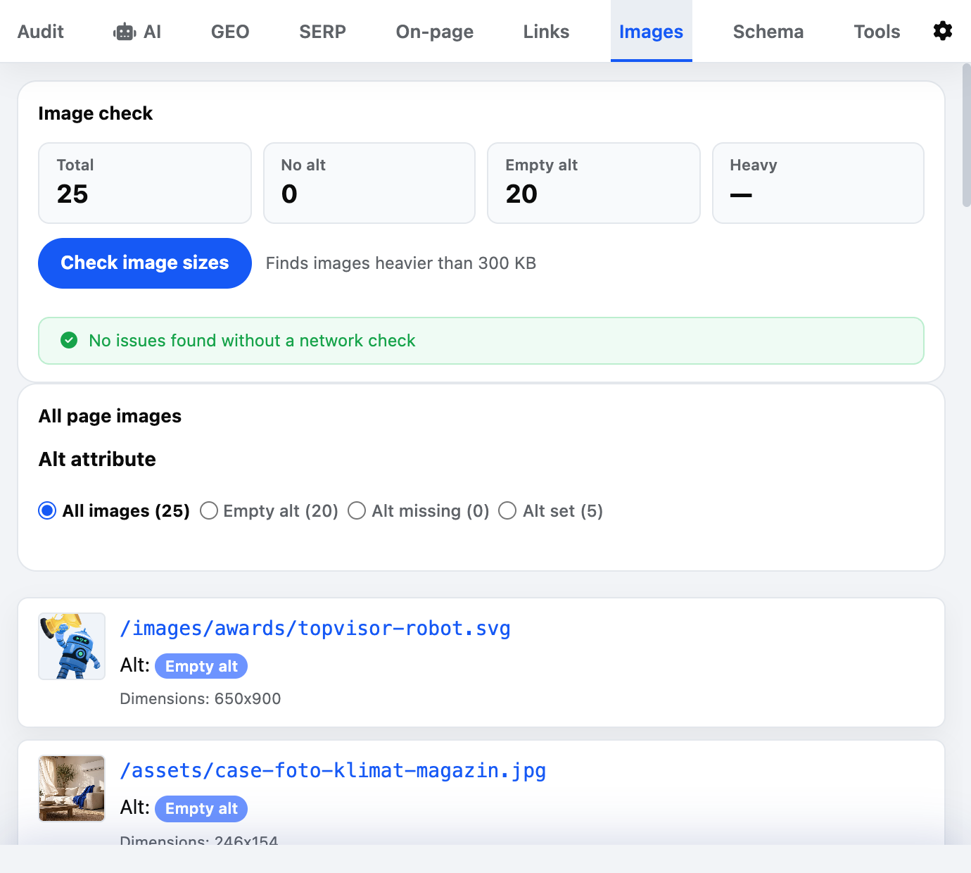 Images tab: alt summary, image weight check and the list of page images