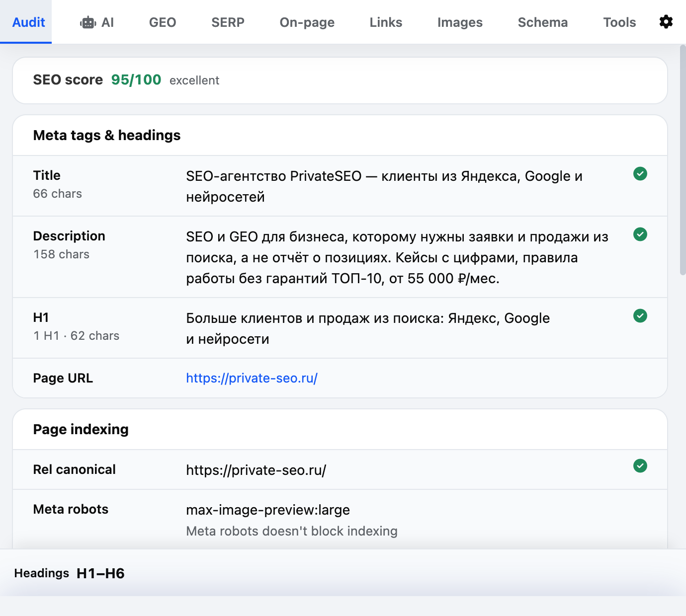 Audit tab: page SEO score, Title, Description, H1, canonical and meta robots with check marks