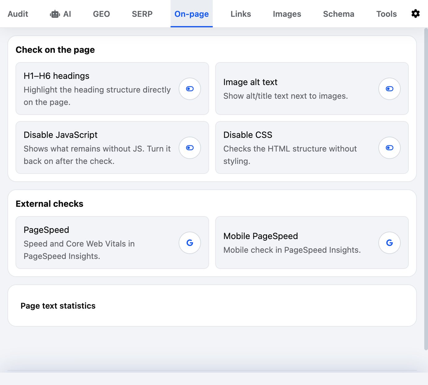 On-page tab: highlighting H1–H6 headings and alt text, turning JavaScript and CSS off, PageSpeed for desktop and mobile