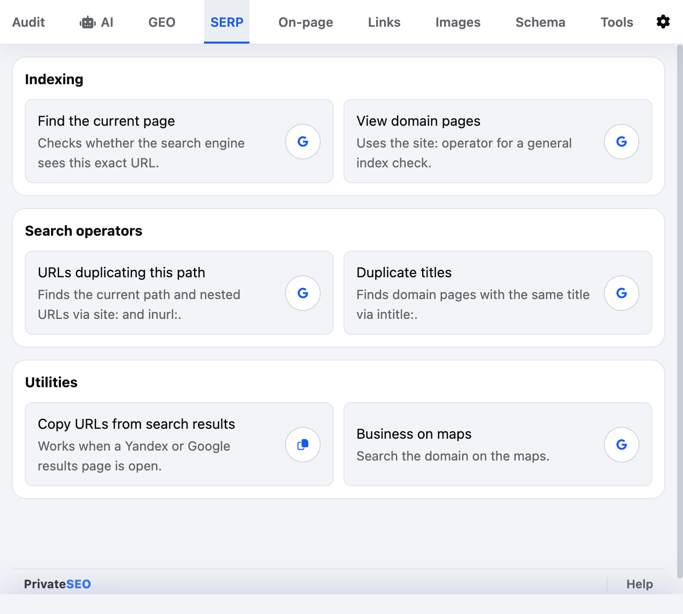 SERP tab: indexing checks and search operators