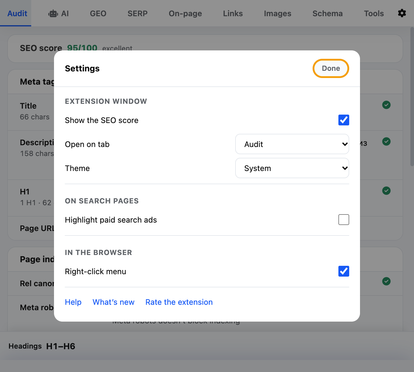 Extension settings: theme, right-click menu, paid ad highlighting, “Rate the extension” and “What’s new”