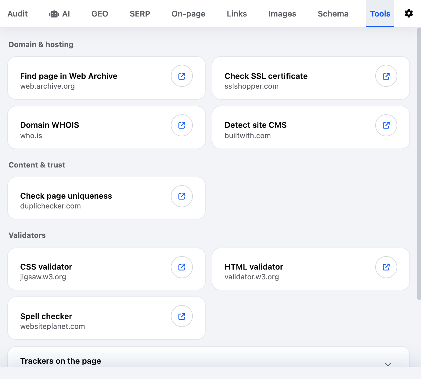 Tools tab: domain and hosting checks, uniqueness, HTML and CSS validators, spelling