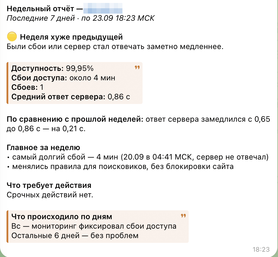 Недельный отчёт бота мониторинга: доступность 99,95%, один сбой на 4 минуты, среднее время ответа сервера