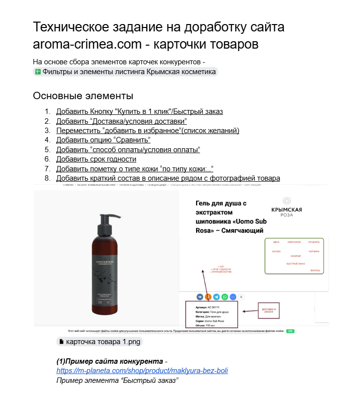 Образец тз с правками карточки товара.