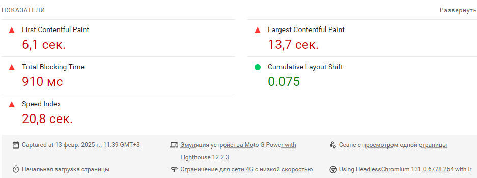 Отчет PageSpeed Insights со скоростью загрузки до работ